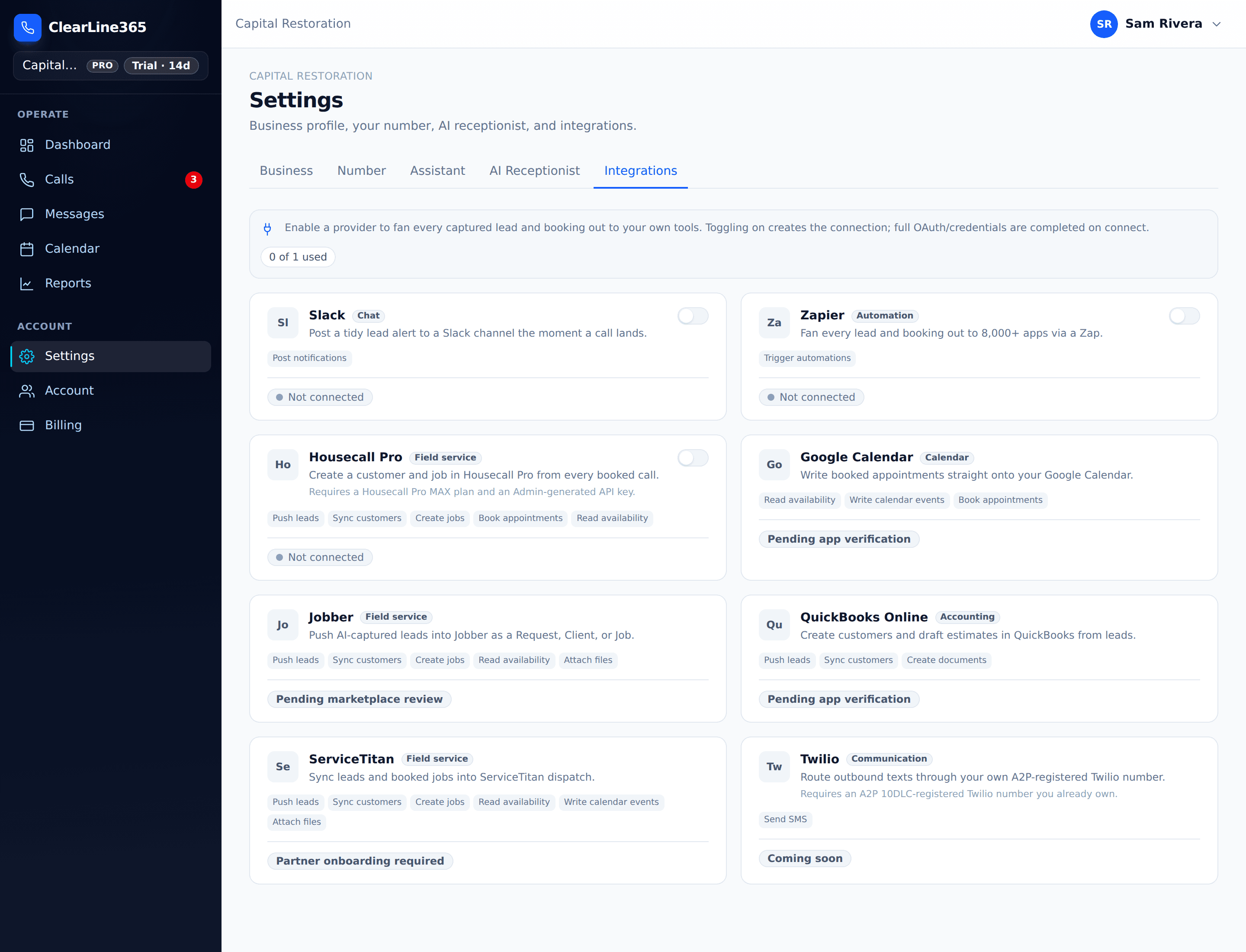 The Integrations tab in ClearLine365 Settings, showing a connect card for each available provider