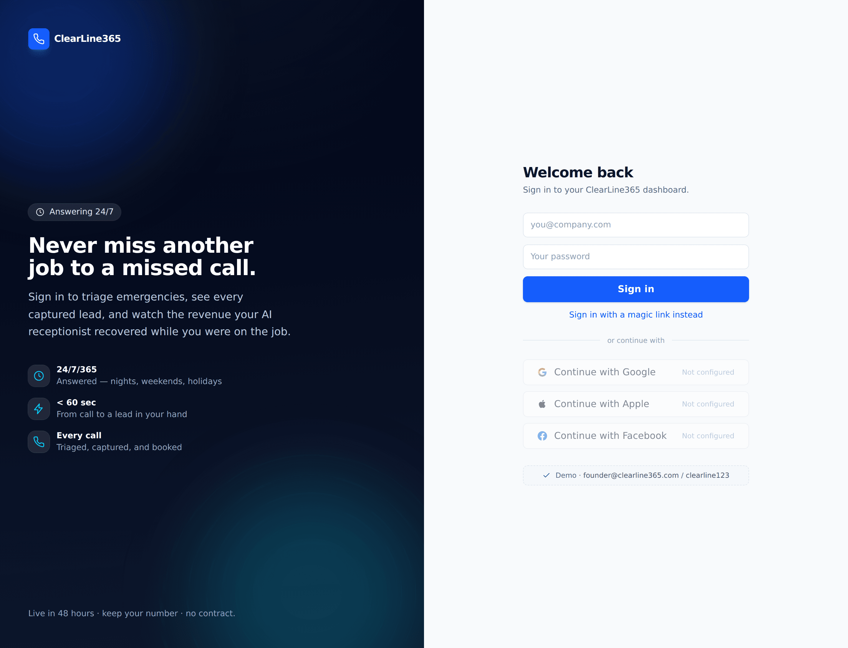 The ClearLine365 portal sign-in screen on the brand navy gradient